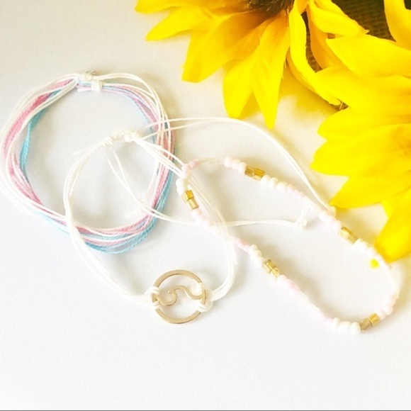 3/$20 Pink & White Wave Adjustable Cord Ankle Bracelet -0076 - Picture 6 of 7